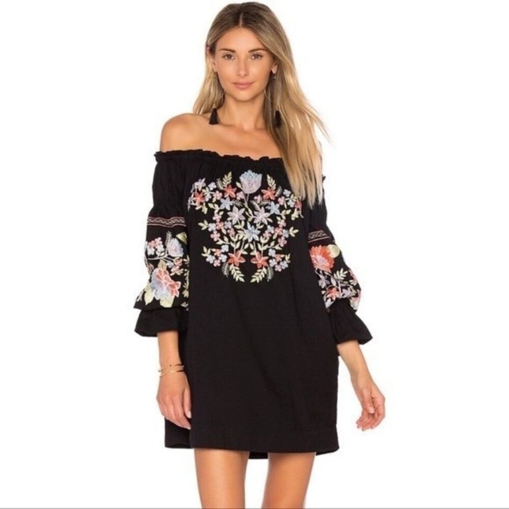 Floral Embroidered Off-Shoulder Black Dress